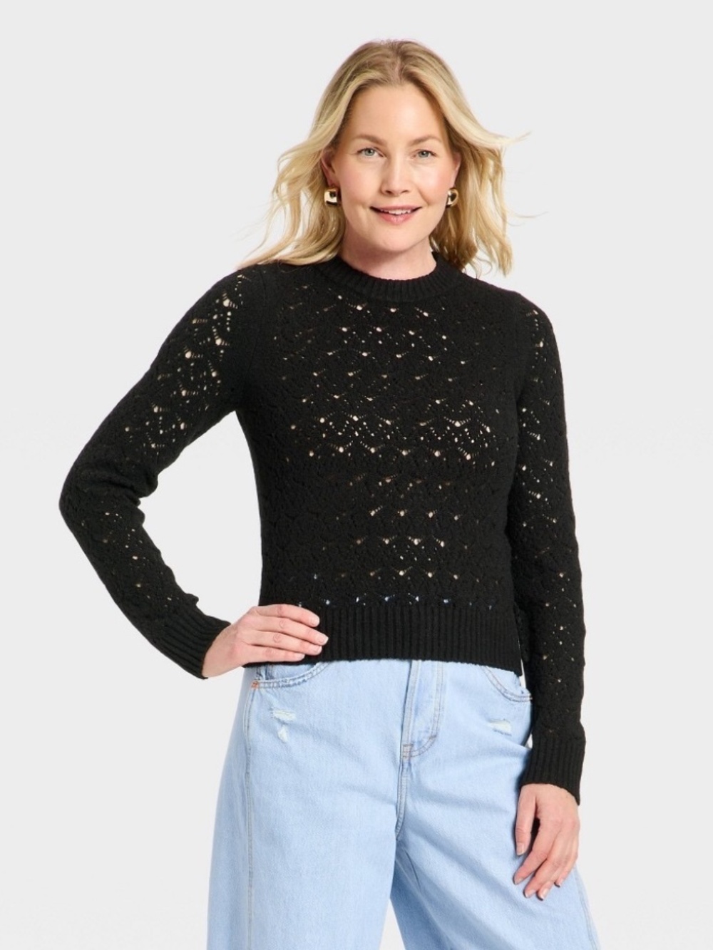 Women's Long Sleeve Lace Crewneck Pullover Sweater